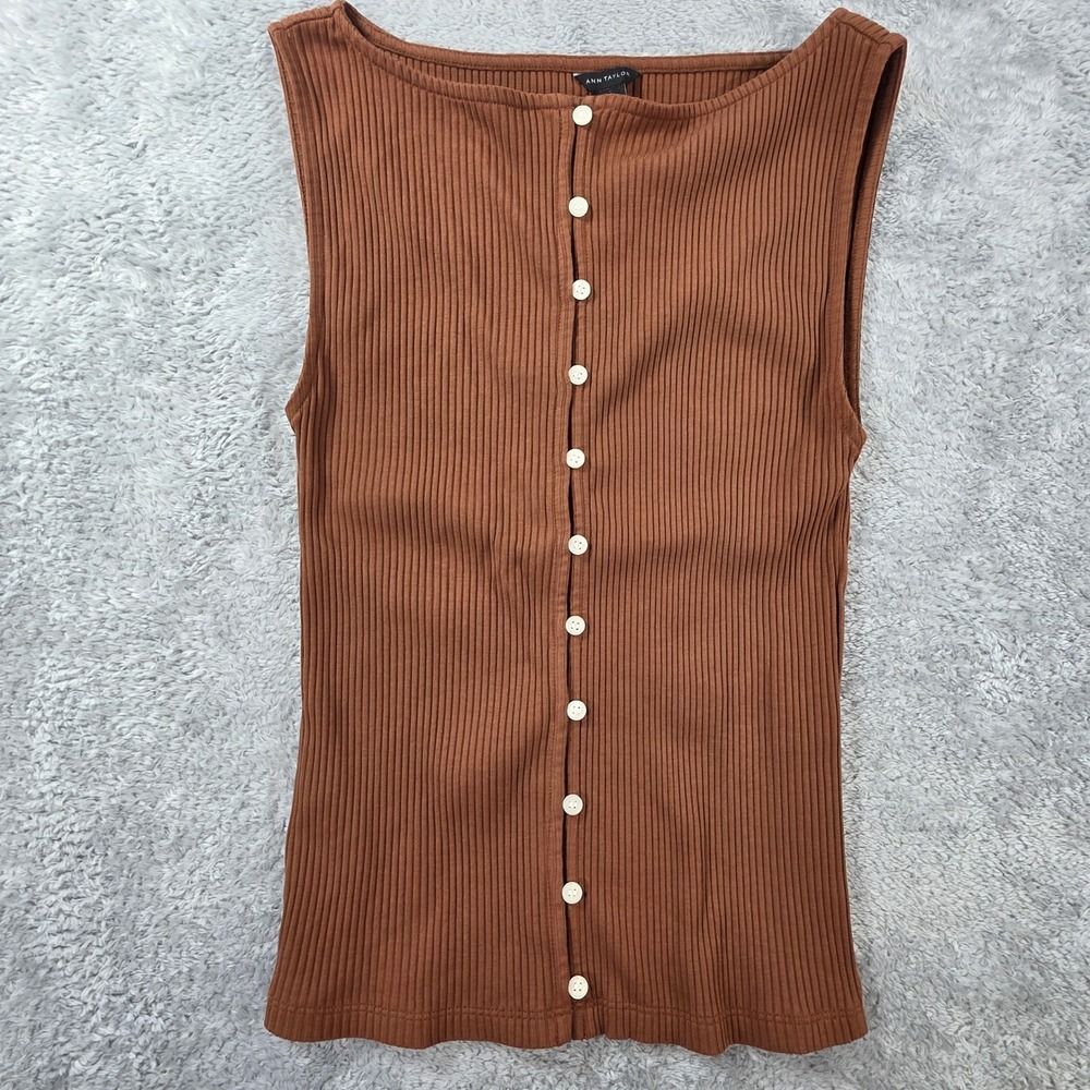 Ann Taylor Ribbed Button Front Sleeveless Top Brown Medium Capsule Wardrobe Chic